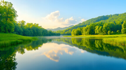 Serene Lake Scene Surrounded by Lush Green Trees and Mountains