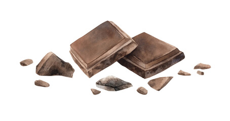 Two broken pieces and crumbs of dark or milk chocolate. Watercolor realistic illustration on isolated background, suitable for packaging and branding of sweet dishes, confectionery, menu design