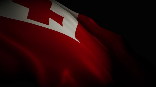 A closeup, spotlight-lit realistic 3D animation of the Tongan flag waving, showcasing its unique design and smooth, flowing motion