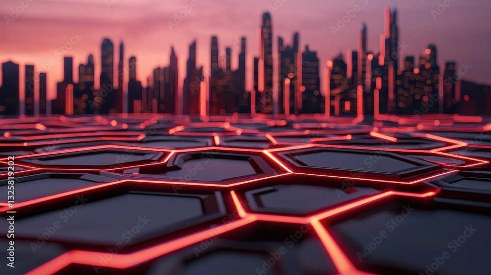Poster a futuristic cityscape with glowing hexagonal patterns in the foreground, set against a vibrant suns