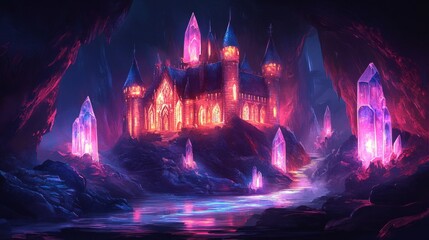 Fototapeta premium Glowing Crystal Castle in a Dark Cave
