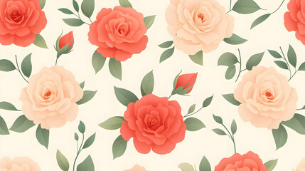 Vibrant Floral Pattern with Roses and Green Leaves on Light Background