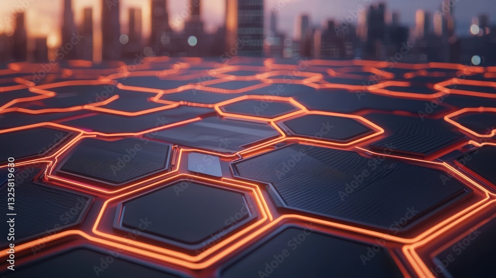 Poster a futuristic surface of hexagonal patterns illuminated by glowing edges, set against a city skyline 