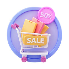 Shopping cart with discount tags on a colorful background. on transparent cutout, PNG file