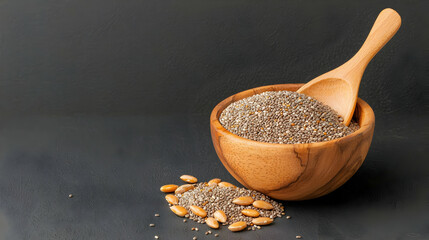 Wooden Bowl Filled with Chia Seeds and Flax Seeds on Dark Surface