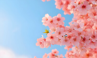 Fototapeta premium Pink Cherry Blossom Flower Against Clear Blue Sky Background