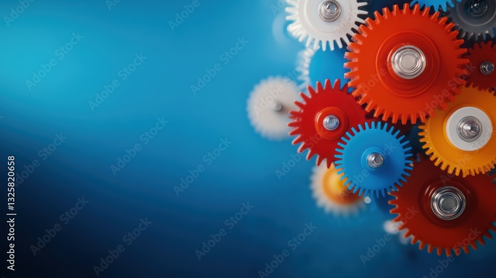 Poster gears in various colors interlock against a blue backdrop, showcasing mechanical design and creativi