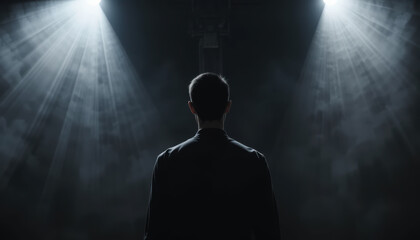 Fototapeta premium person stands in spotlight with dramatic lighting and smoke
