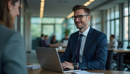 The Consultation: A poised business professional engaging in a consultation with an associate, utilizing a laptop in a modern, open office setting.