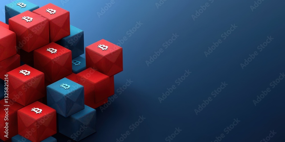 Poster colorful 3d cubes in red and blue arranged on a dark blue background, featuring numbers and symbols,