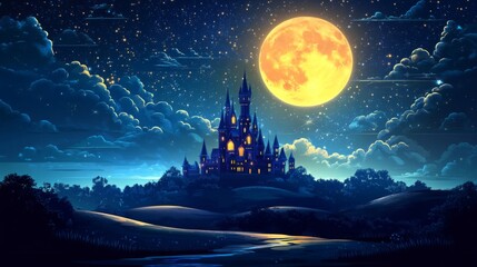 Pixel Art Castle Under a Yellow Full Moon at Night