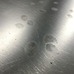 Fingerprints are found on polished metal plates, which may be stainless steel or aluminum. There are signs of use, such as small scratches. Light reflections on the metal surface create depth and shin