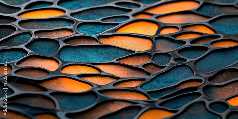 Poster A vibrant abstract pattern featuring interconnected shapes in shades of blue and orange, creating a mesmerizing visual effect.
