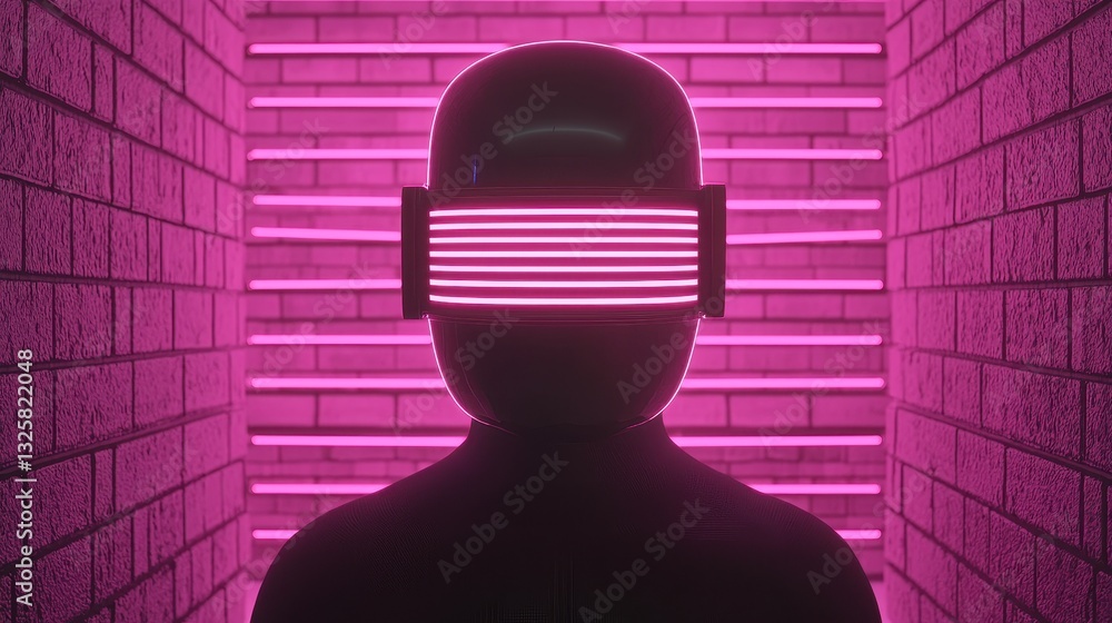 Poster a silhouetted figure with a glowing visor stands against a wall illuminated by vibrant pink lights, 