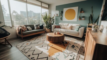 Fototapeta premium Vibrant Eclectic Living Room with Natural Light