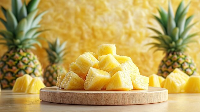 A pile of fresh cut pineapples and whole fruit display