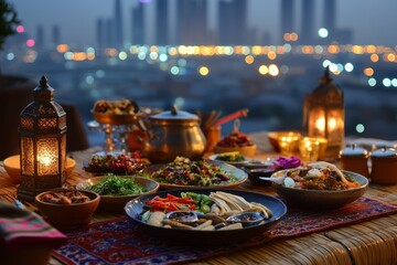 Fototapeta premium A rooftop suhoor setting with traditional dishes laid out on woven mats. The quiet city lights twinkle as the meal is shared before dawn