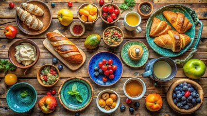 A vibrant and artistic French breakfast spread on a rustic wooden table with colorful ceramic dishes, fresh fruits, and artisanal breads , colorful breakfast, artisanal bread