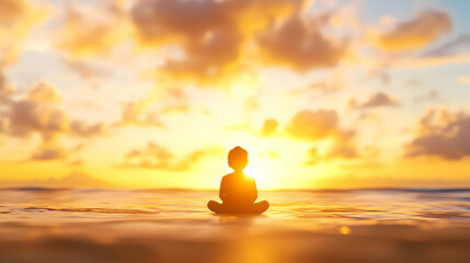 Silhouette of Person Meditating at Sunset Ocean