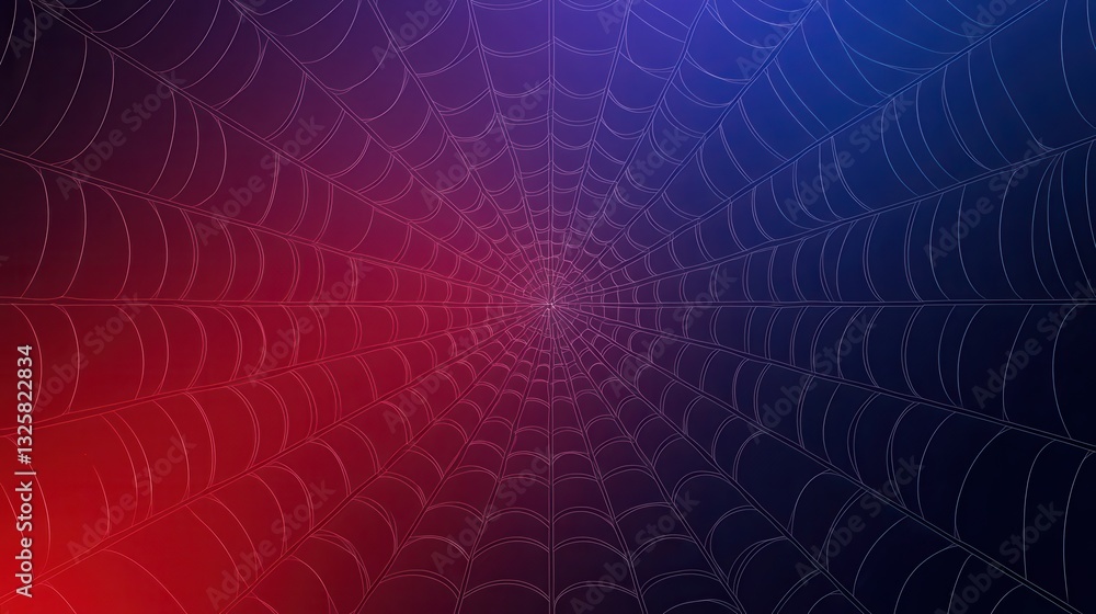 Poster a vibrant spider web illuminated by contrasting red and blue colors, creating a visually striking an