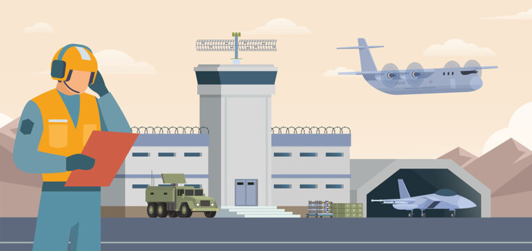 Military airbase background. Vector landscape illustration editable modular elements