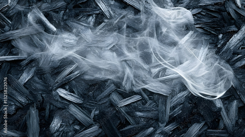 Poster a wispy cloud of smoke drifts above a dark, textured surface resembling charcoal, creating an ethere