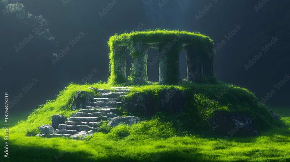 Poster a mystical stone structure covered in vibrant green grass, illuminated by soft light, surrounded by 