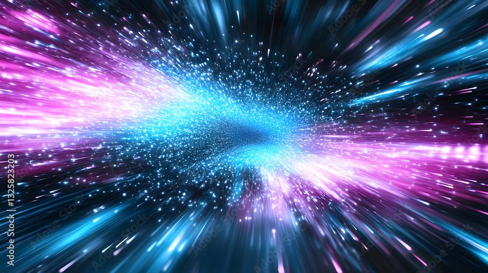 Poster A vibrant depiction of light streaks in blue and pink, creating a sense of motion and depth in a cosmic or abstract setting