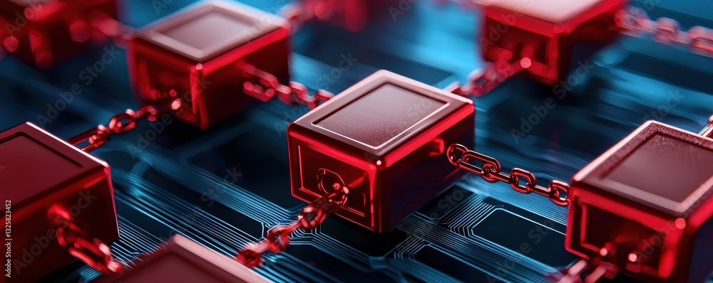 Poster A close-up view of interconnected red blocks on a blue circuit board, symbolizing technology and data connectivity.