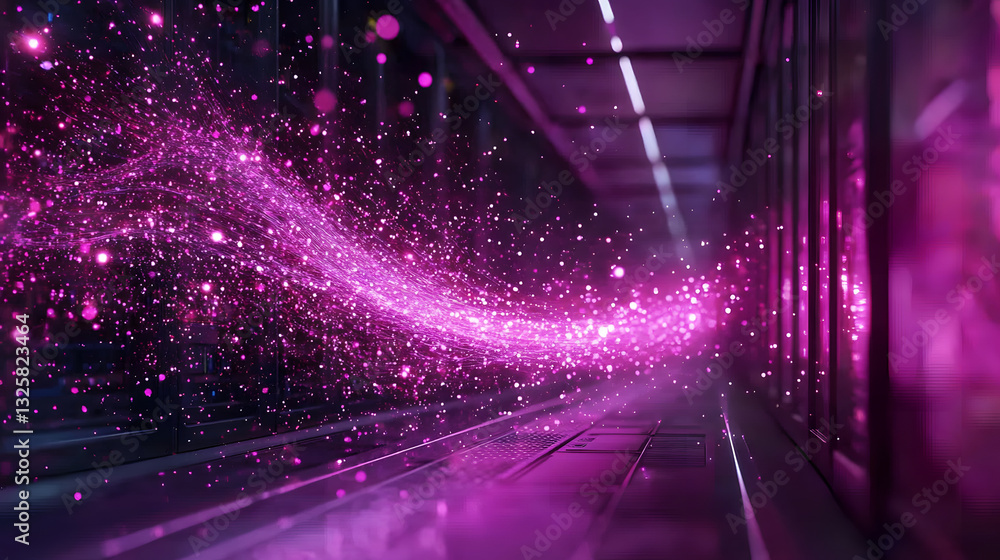 Poster a vibrant, swirling trail of pink sparkles glows in a modern corridor, creating a dynamic and magica
