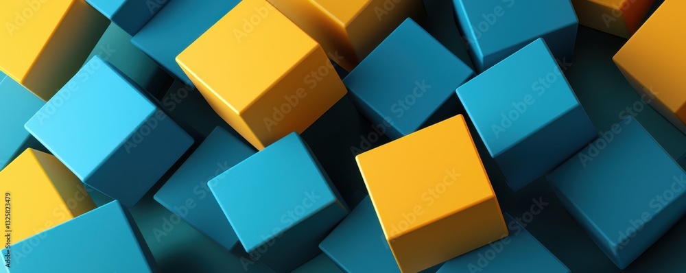 Poster colorful blue and yellow cubes stacked together, creating a vibrant and playful abstract pattern.