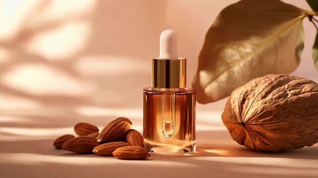 A luxurious almond and walnut oil elixir serum in a sleek glass bottle, surrounded by whole almonds and a walnut. The soft, golden tones and natural elements create a sense of richness and nourishment