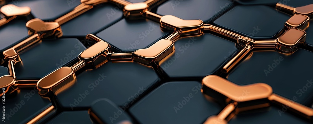 Poster A close-up view of interconnected hexagonal shapes with metallic elements, showcasing a modern, abstract design.