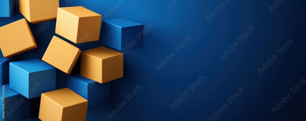 Poster a vibrant composition of blue and yellow cubes set against a blue background, creating a contemporar