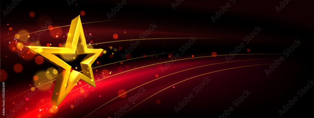 Aufkleber gold 3d star on dark background with red glowing streaks and shimmering particles. award symbol with