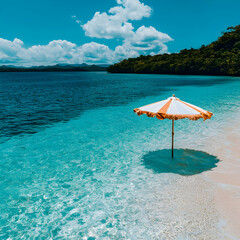 Solitary Beach Umbrella On White Sand Beside Turquoise Waters Under Bright Blue Sky