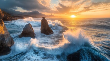 Obraz premium Dramatic Ocean Waves at Sunset with Majestic Rock Formations