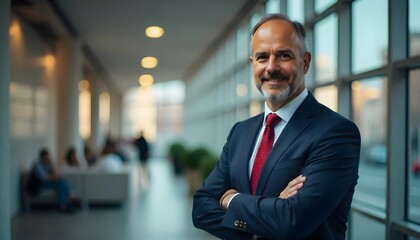 Fototapeta premium Confident Executive: A distinguished, well-groomed businessman stands confidently in a modern office hallway, radiating professionalism and experience.
