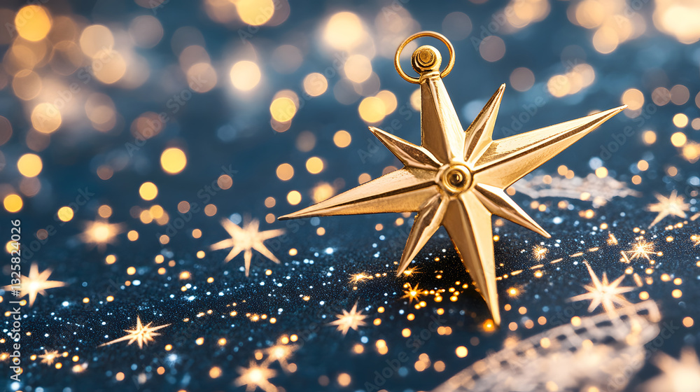Poster a shimmering gold star ornament rests on a blue background adorned with sparkling lights, evoking a 