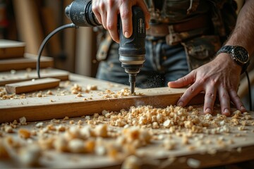 Carpenter using power drill to bore a hole in a wooden plank