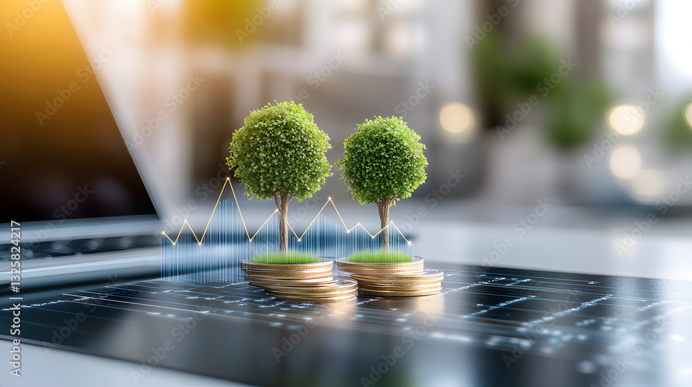 Poster a conceptual image depicting two miniature trees on coins, symbolizing the blend of nature and finan