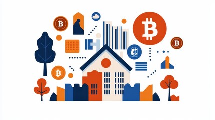 A vibrant illustration of a house surrounded by financial icons, including Bitcoin and graphs, representing the fusion of real estate and cryptocurrency.
