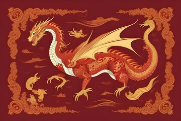 Fototapeta premium ancient art of a asian, chinese, japanese dragon. Red and gold colors. Royalty. Vintage, antique. traditional, culture, mythology, legend, symbol, power, strength, wisdom, heritage, history, ornate