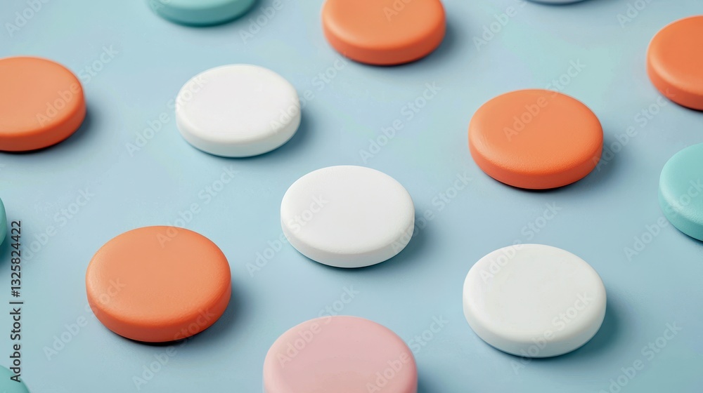 Poster Colorful circular objects scattered on a light blue surface, creating a playful and vibrant composition.