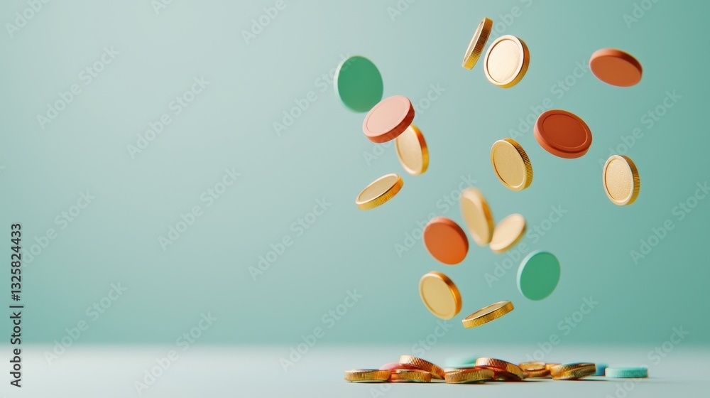 Poster Floating coins in various colors are scattered against a soft teal background, creating a vibrant and dynamic composition.