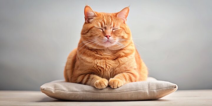 A fat red cat in a peaceful pose meditating with its eyes closed and paws tucked under body relaxing on a soft cushion , cat sitting, cute animal