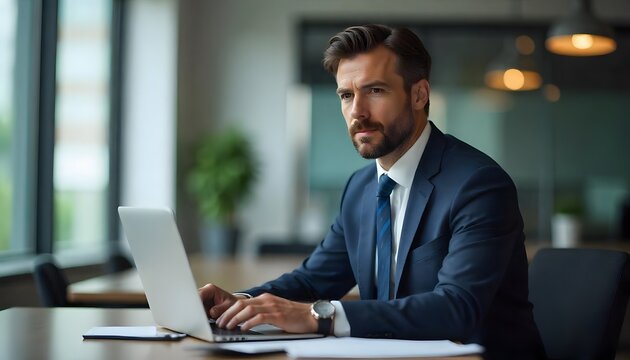Focused Executive: A composed businessman in a tailored suit, intently focused on his laptop in a modern office setting, capturing the essence of professional dedication and intelligent work.