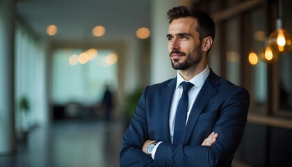 Fototapeta premium Focused CEO: A sharp, well-dressed CEO, standing confidently in a modern office, radiating a sense of ambition and determination.