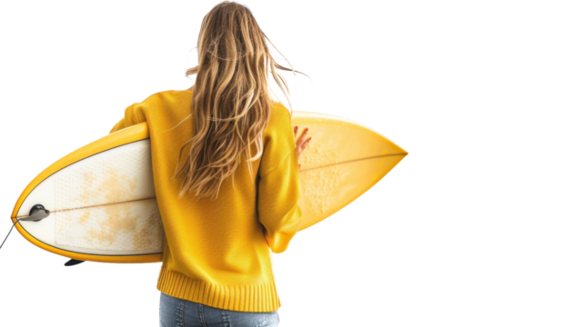 Surfer girl holding surfboard on transparent background