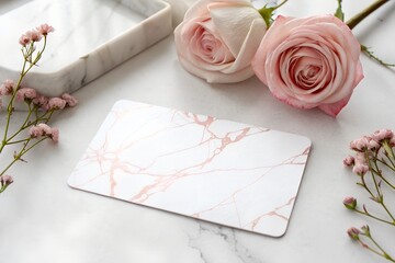 Naklejka premium Business card mockup with a soft pink marble effect on a neutral background. A stylish and high-resolution template for branding and corporate identity. Elegant and modern presentation.